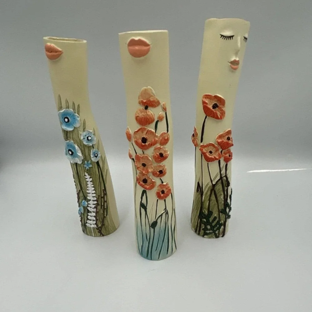 Set of 3 Modern Floral Face Vases, Cream Orange Blue Green, Matte Finish